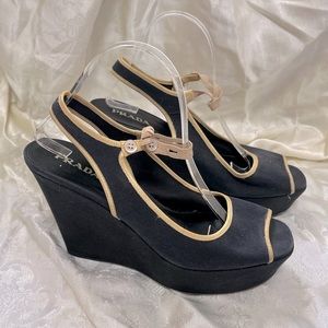 vintage Prada navy canvas platform wedge sandals size 40